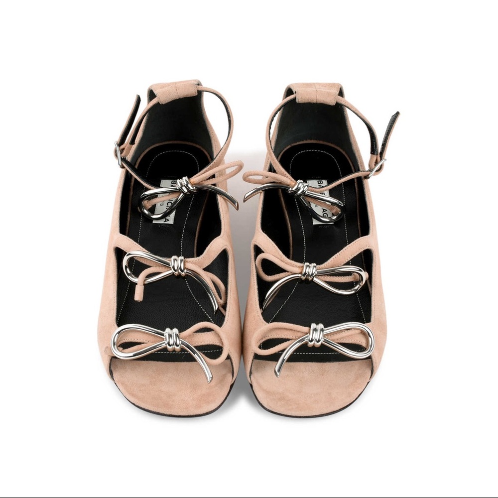 Balenciaga Beige silver Boucle bow Suede heel Sandals